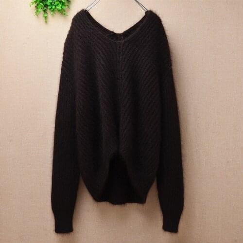 Ladies women fashion loose short style crop top angora rabbit fur pullover knitwear mink cashmere jumper winter sweater clothing