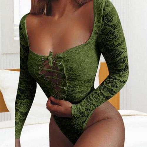 Women Spring Sexy Bodysuit Long Sleeve Cross Square Collar Ladies Solid Color Lace Patchwork High Waist Bodysuit