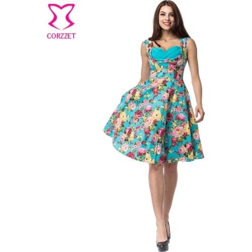 Vintage Ocean Green Floral Print Rockabilly Dress Sexy Sleeveless Padded Cup U-Neck Woman Dresses Autumn 2016