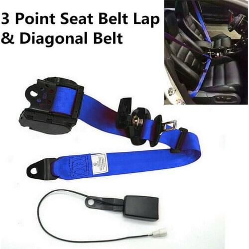1PC Blue 3 Point Retractable Car Seat Belt Lap Shoulder Adjustable&Warning Cable