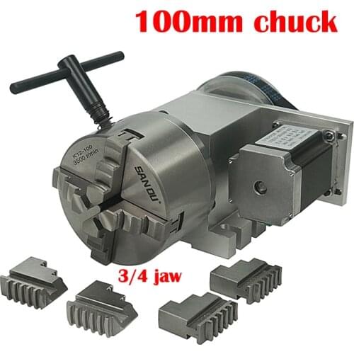 3 4 Jaw 100mm chuck hollow shaft 4th Axis CNC dividing head Rotary A axis kits for CNC router/milling engraving engraver