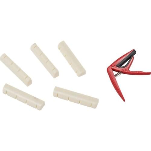 5Pcs Ukulele Ivory Slotted Nut & 1 Pcs Quick Change Trigger Capo Key Clamp Red