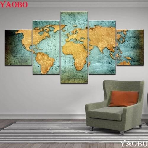 5 Piece Abstract Vintage World Map diamond painting cross stitch diamond embroidery Mosaic Picture for library Office Room Home