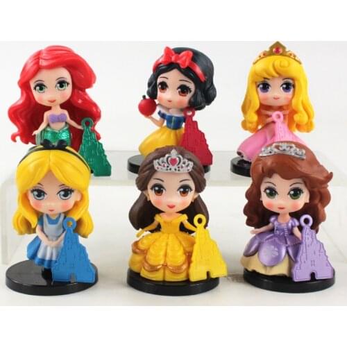 6Pcs/Lot Q Cute Princess Snow White Alice Ariel Mermaid Sofia Belle Sleeping Beauty Crown Figure Model Toys Dolls