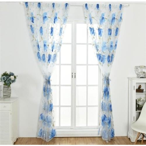 New Style Colorful Curtain Flower Print Through Rod Polyester Thansparent Window Drape for Balcony Bedroom Home Accessories