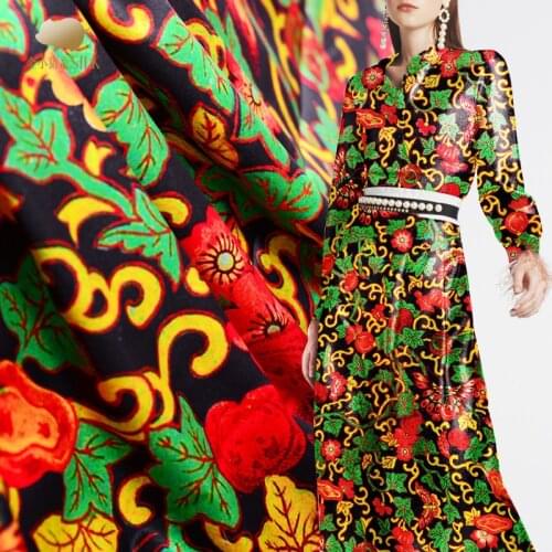 1.08 Meter X 1 Meter Red Green Colorful Flower Elastic Satin New Pattern Natural Silk Fabrics