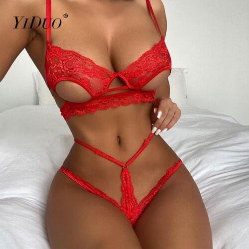 YiDuo 2 Piece Lace Bra Set Women Cut Out Wireless Underwear + Panty Brief Sets Ladies Red Sexy Erotic Sensual Lingerie Set