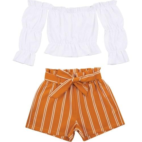 New Girls Clothing Set, Long Sleeve Off Shoulder Tops and Stripe Shorts Two-piece Suit for Birthday Party Vacation