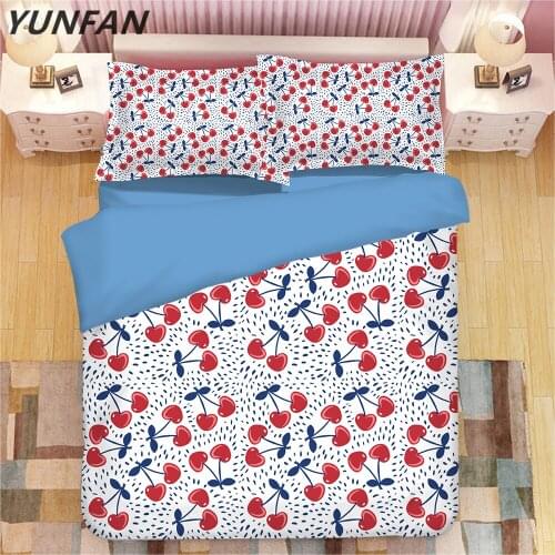 3D princess cherry bedding sets fruit duvet cover sets white blue quilt cover pillowcase single double king queen bedclothes