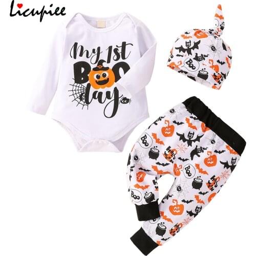 0-12 Months Halloween Babys Set 3 Piece Babys Clothes Cartoon Halloween Printed Long Sleeve Romper and Trousers with Hat