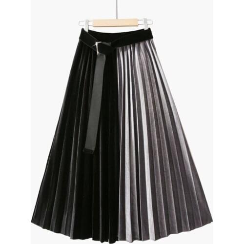 HOT SELLING Miyake Fashion patchwork pleated Velvet high belt A-Line skirt IN STOCK
