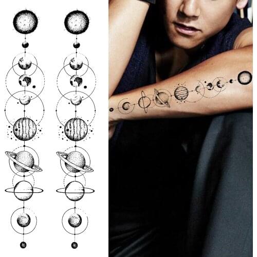 Minimalist Planet Temporary Tattoos For Women Kids Geometric Body Art Arm Fake Tattoo Sticker Round Sheets Men Waterproof Tatoos