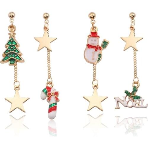 Trendy Christmas Tree Star Long Earrings For Women Snowman Crutch Christmas Style Earrings DIY Alloy Eardrop Xmas Gift