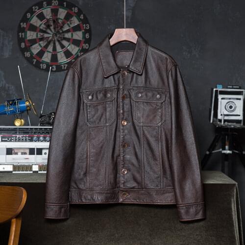 Mens Leather Jacket Vintage 100% Natural Cowhide Men Genuine Leather Coat Male Skin Clothing Asian Size Wholesale Drop Shipping