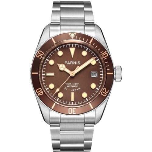Parnis 41mm Brown Dial Automatic Steel Bracelet Luminous 21 Jewel Mens Sapphire Glass Mechanical Watches Miyota Movement 2021