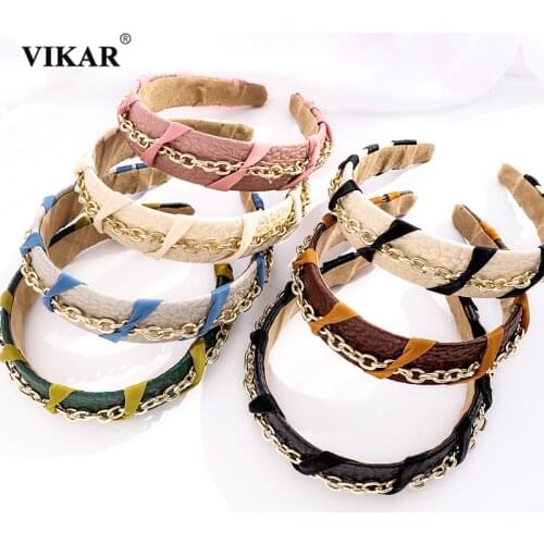 New Women Retro Metal Chain Headband Girls Elegant PU Leather Hair Hoop Bands Fashion Hairbands Elastic Hair Accessories VIKAR