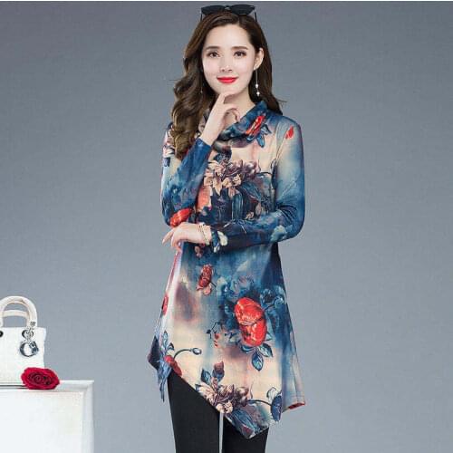 Autumn Winter Thicken Tunic Women Turtleneck Ladies Tops Floral Print Long Basic Tee Shirt Loose Casual Blouse Long Sleeve