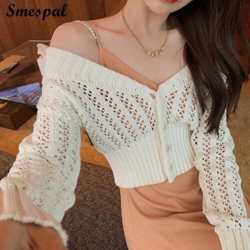 Fall Cardigan Women Fashion Long Sleeve Knitted Cardigan Sexy Off Shoulder Crop Sweater Tops