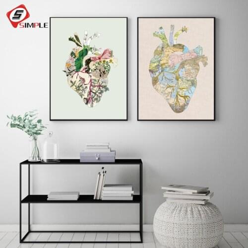 Vintage Anatomy Floral Map Heart Wall Art Canvas Painting Retro Posters and Prints Wall Pictures Medical Doctor Clinic Decor