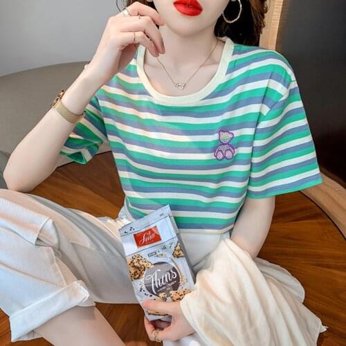 2021 Summer New Korean Fashion Loose Women T shirt rainbow stripe Women O-neck T-shirts Tops Temperament Women T shirt gothic