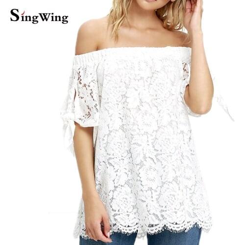 Singwing Summer Women Lace Slash Neck Blouses Short Sleeve Fashion Blouse Shirts Solid Color Females Tops