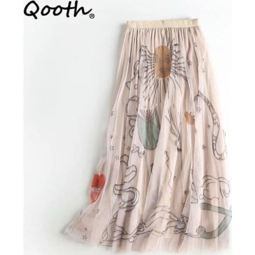 Qooth Fairy Printed Floral High-Waist A-line Mesh Skirt Thin Pleated Mid-Length Sweet Skirt Elastic Waist Lining Skirt QT703