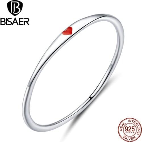 Simple rings bisaer hot sale 925 Sterling silver red heart engraving finger rings for women wedding jewelry ECR620