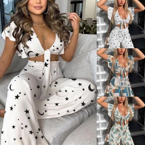 Women Sets Corset Top And Trousers Womens Holiday Fashion V Neck Solid Short Sleeve Long Pants 2 Pieces Suit Party Y2k 2021#G30