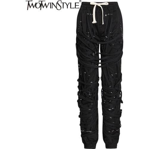 TWOTWINSTYLE Black Streetwear Bandage Pants For Women High Waist Lace Up Bowknot Casual Trouser Female Fashion New Clothing 2020
