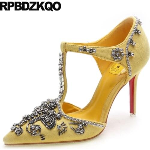 Yellow Pointed Toe Summer Pumps Small Size Thin Rhinestone 3 Inch Ultra Ladies T Strap Diamond Female Crystal High Heels Shoes