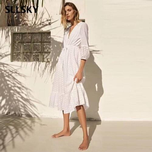 Sllsky Women White Dress Elegant Casual Cut work Embroidery Ruffle Midi Female Robe Adjustable Drawstring Waist Party Dress