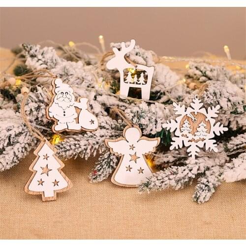 2PCS Christmas white Wooden Angel Pendants Ornaments DIY Wood Crafts Snowflake Xmas Tree Ornament Christmas Decoration Kids Gift