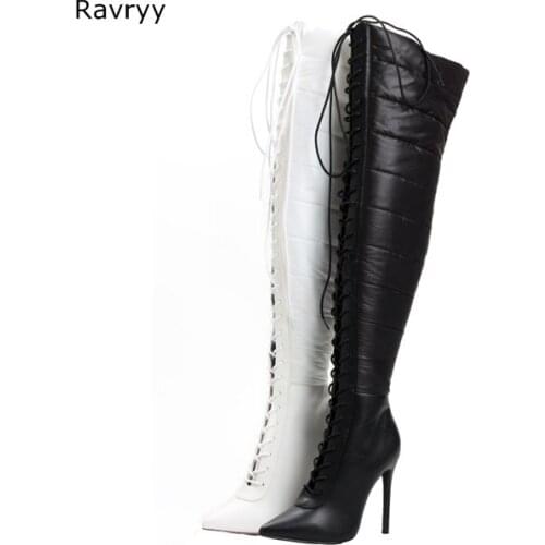 2018 Winter Fashion Warm Down Woman Long Boots Cross-tied Black White Over-the-knee Boots Pinted Toe Female Motorcycle Booties