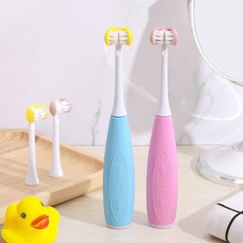 Children 3D Side Sonic Electric Toothbrush 3 Side Rechargeable Replacement Brush Head 5 Mode Waterproof 2 Minute Timer 30S Remin