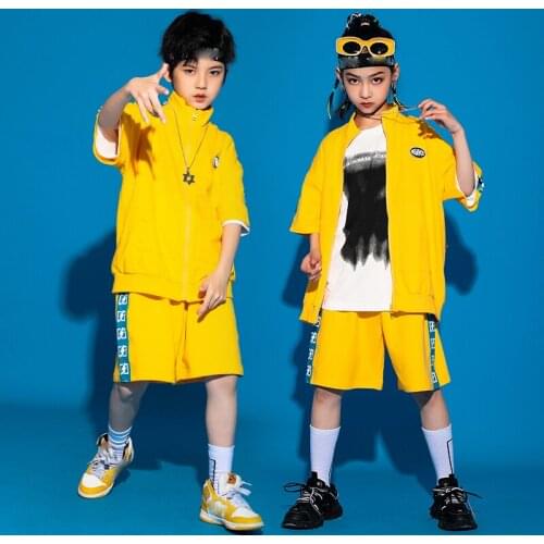 Childrens Modern Dance Costumes Yellow Loose Hiphop Suit For Kids Jazz Performance Rave Clothes Hip Hop Dancing Wear DQS7165