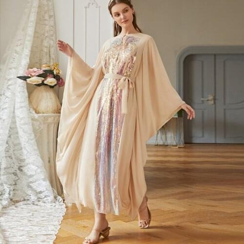 Dramatic Goddess Sequins Maxi Dress Shining Dream Magnificent Kaftan Dubai Abaya Buttfly Trim Hem Long Sleeve Modest Women Gown