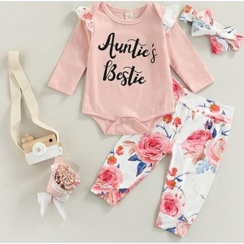 FOCUSNORM Autumn Infant Baby Girls Clothes Sets 3pcs Letter Printed Long Sleeve Romper Floral Pants Headband 0-18M