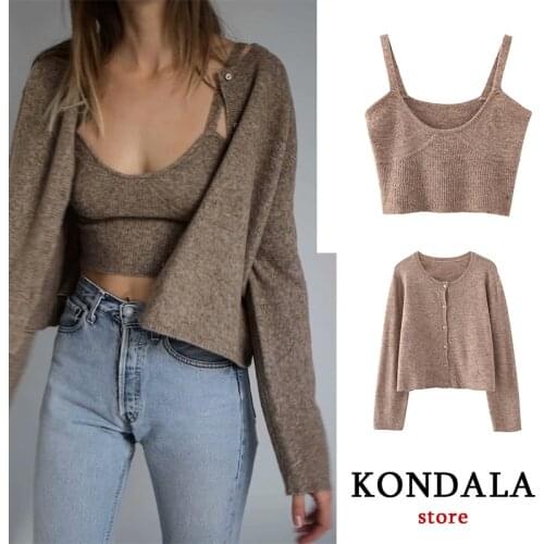 KONDALA Za 2021 Spring New Womens Solid Khaki Cardigan Knitted Sweater Vintage Two Pieces Fashion Streetwear Sexy Female Tops