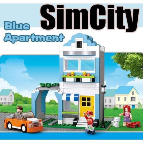 Simulated city Apartment House/Blue Villa Building Blocks Sports car garage room Kids Toys for boys Friends creator Gifts