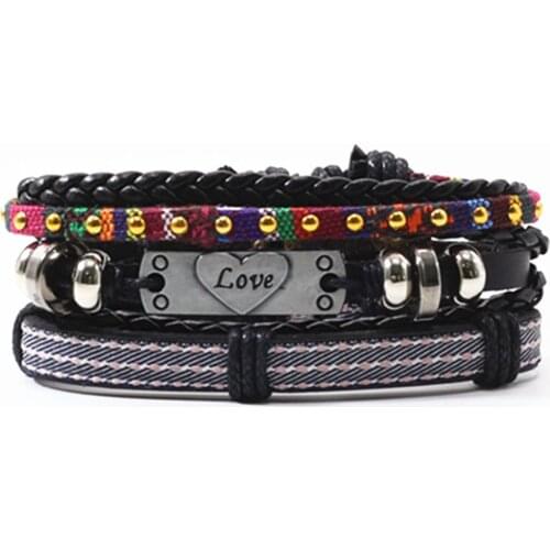 Love Gray Ethnic Multilayer Handmade Leather Men Bracelets Set Women Vintage Bangle Male Homme Men Jewelry Accessories