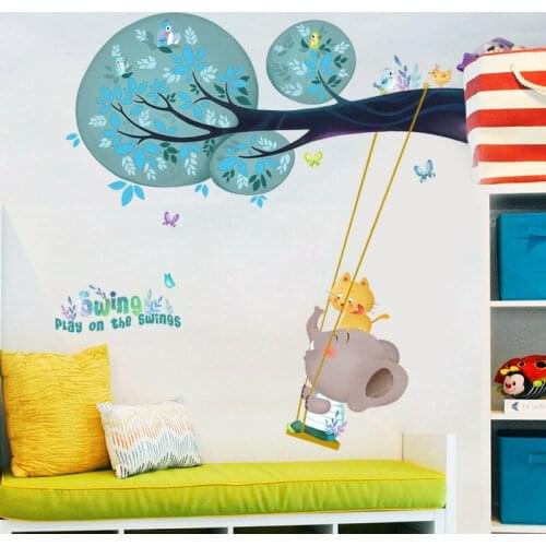 Cartoon Cute Elephant Swing Wall Stickers for Childrens Room Baby Bedroom Kindergarten Backview 3D Art Mural
