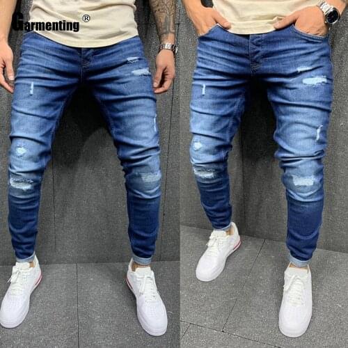 Garmenting Trendy 2020 Jeans Demin Pants Men Skinny Jeans Fashion Hole Ripped Pants Streetwear Male Denim Jeans Blue Trousers