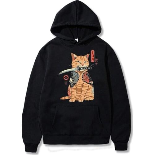 2021 New Japanese Cat Anime Samurai Sword Hoodies Top Men Printed Hoodie Street Winter Warm Hooded Hip Hop Sweatshirt