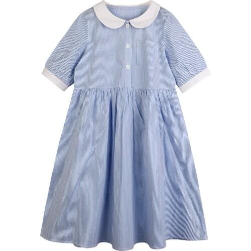 Summer 2021 New Doll Collar Korean Style Children Clothing Brief Teen Girls Striped Casual Dress Cotton Patchwork, #9426