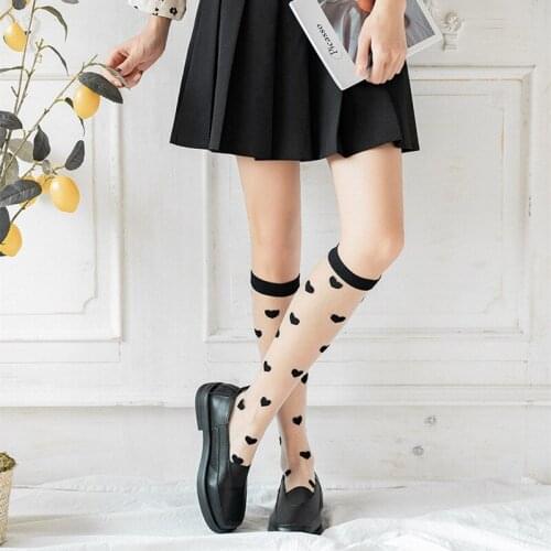 Women Novelty Love Harajuku Silk Long Socks Heart Print Sweet Girl Cute Stockings College Style Lolita Kawaii Knee High Socks