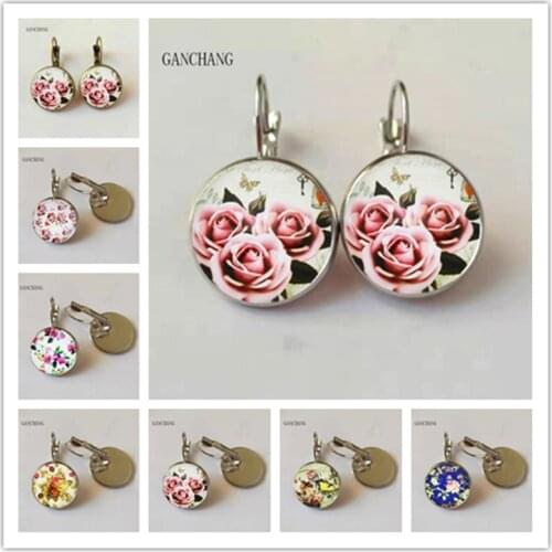New rose earrings beautiful rose retro round glass handmade photo earrings ladies jewelry