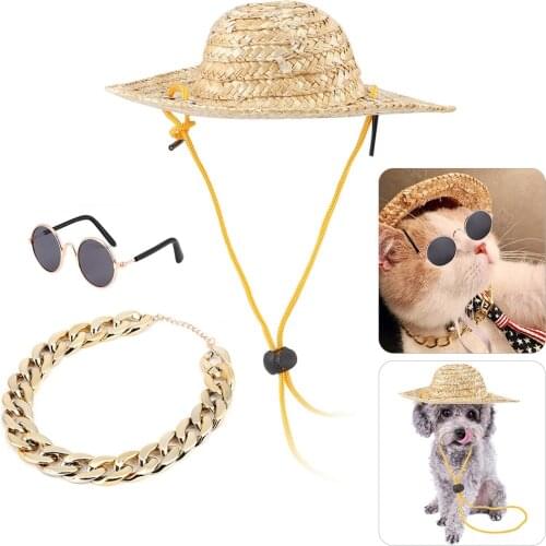 3PCS Pet Fashion Sunglasses Retro Straw Hat Collar Cat Necklace Pet Photography Accessory Glasses Dropshipping