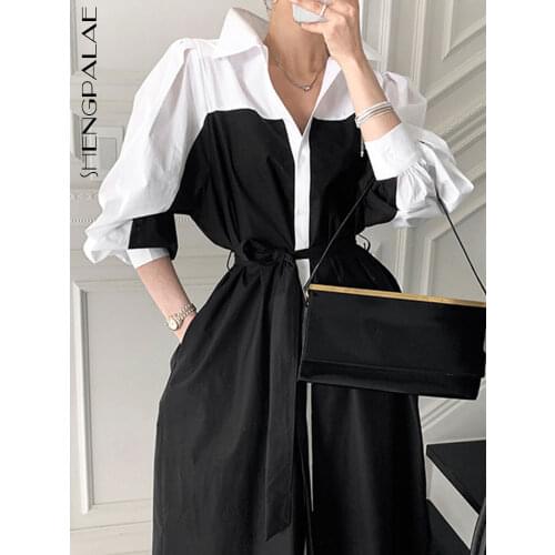 SHENGPLLAE Contrast Color Design Dress Womens Summer 2021 New Lapel Single Breasted Lace Up Waist Puff Sleeve Mid-calf Dresses