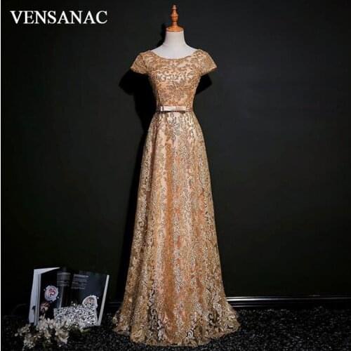 VENSANAC 2020 O Neck Sequined A Line Lace Long Evening Dresses Party Short Sleeve Bow Sash Backless Prom Gowns