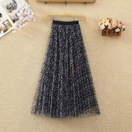 Vintage Leopard Print Mesh Skirt Female Spring Summer Retro Floral High Waist A Line Gauze Pleated Skirt Femme Jupe Midi zh343